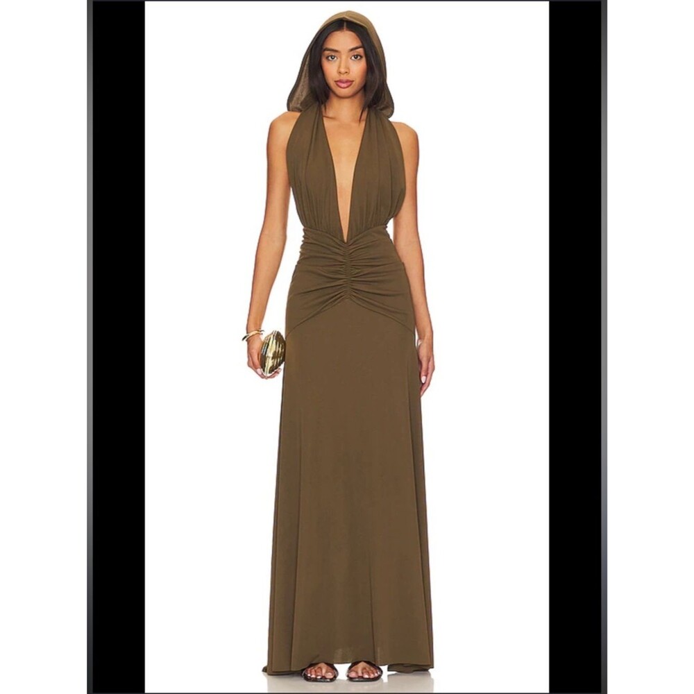 Ronny Kobo hunter dress fern green plunge hooded maxi ruched evening gown XS
